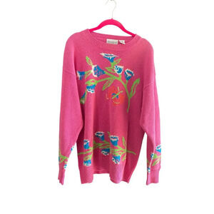 Mark Scot Pink Floral Butterfly Pattern Ribbed Knit Pullover Sweater Size Large